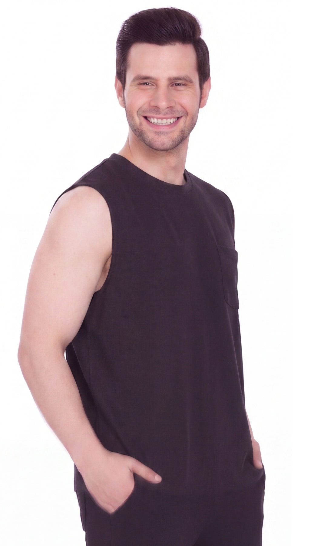 Men’s Sleeveless Crew Neck T-Shirt – Regular Fit, Heavier Cotton Blend Jersey with Chest Pocket