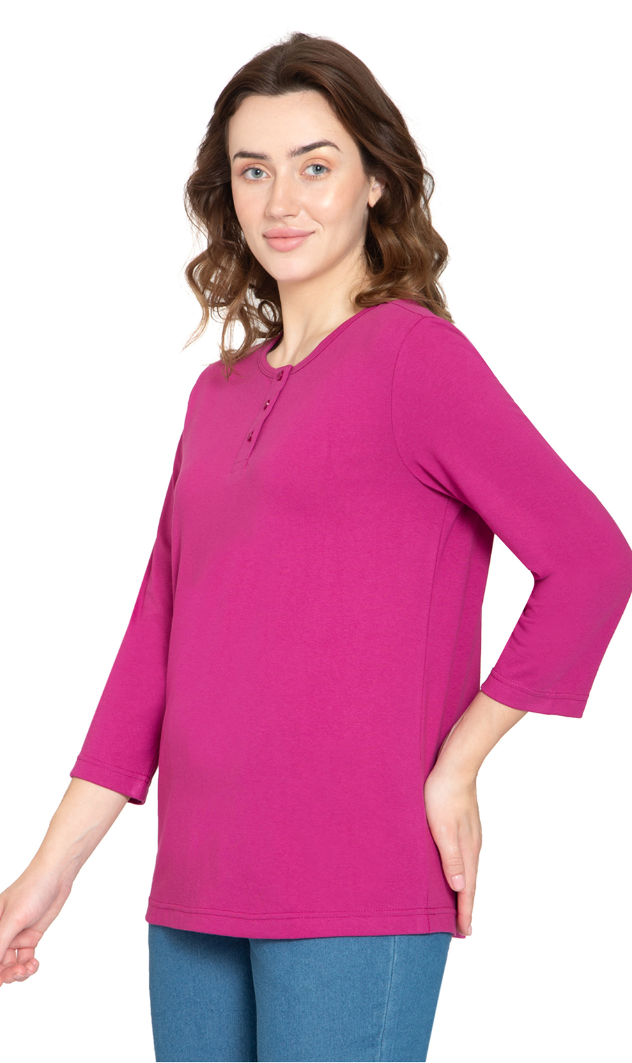 Women's 3/4 sleeves Henley in Cotton Blend with Button Placket