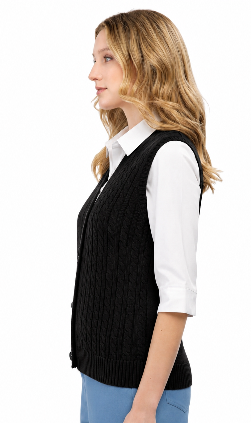 Womens Button Front Cable Knit Cardigan Sweater Vest